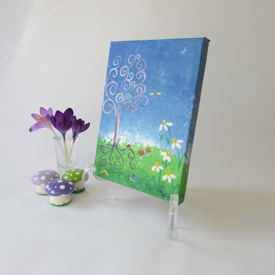 Fairy Tree Canvas where Daisies Bloom & Insects Buzz