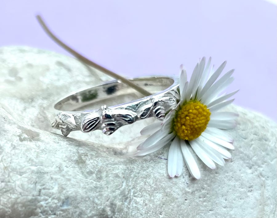 Fine silver ring with trio of bees