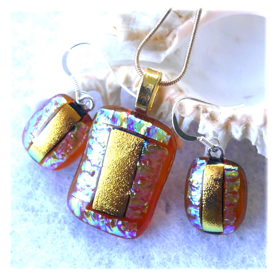 Sold Dichroic Glass Pendant Earring Set 094 Amber Gold with Gold Plated Chain