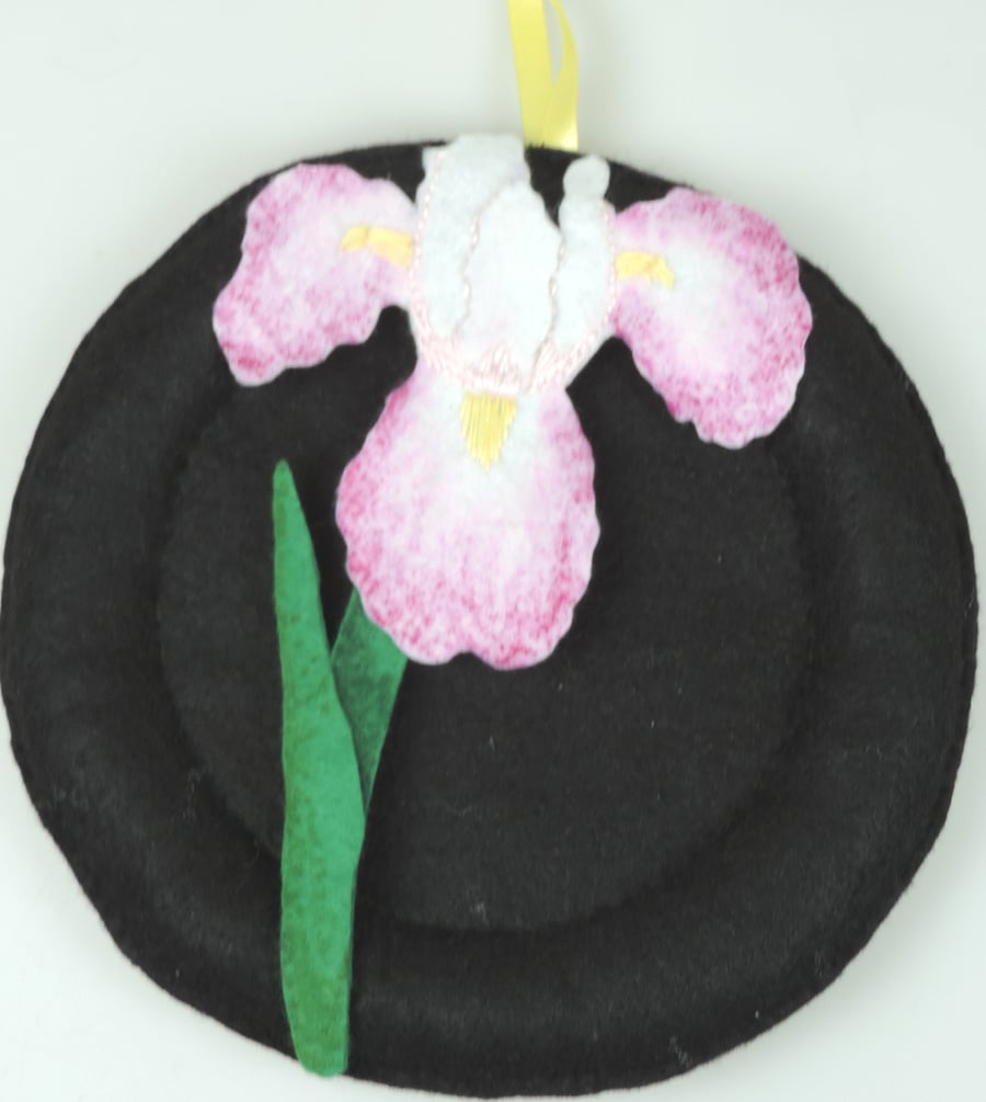 Iris Flower Hand stitched felt decorative hanging, Flower wall hanging