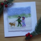 Needle felted handmade Christmas Couple with dog greetings card