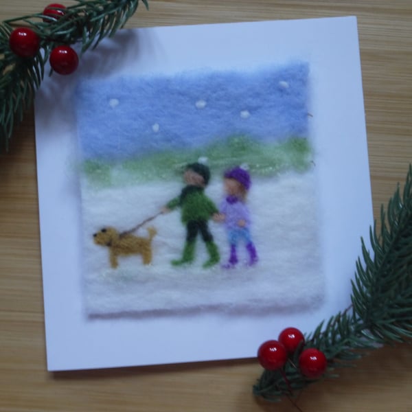 Needle felted handmade Christmas Couple with dog greetings card