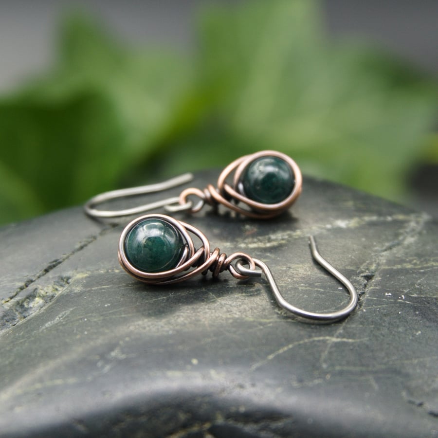 Copper Wire Wrapped Green Moss Agate Earrings