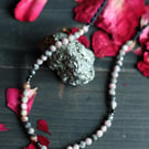 Macrame choker necklace with natural stone Rhodonite and brass coin