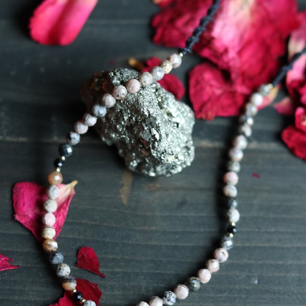 Macrame choker necklace with natural stone Rhodonite and brass coin