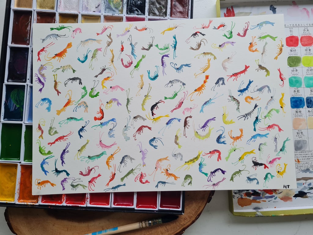 Original hand painted watercolour silly tiny shrimp art