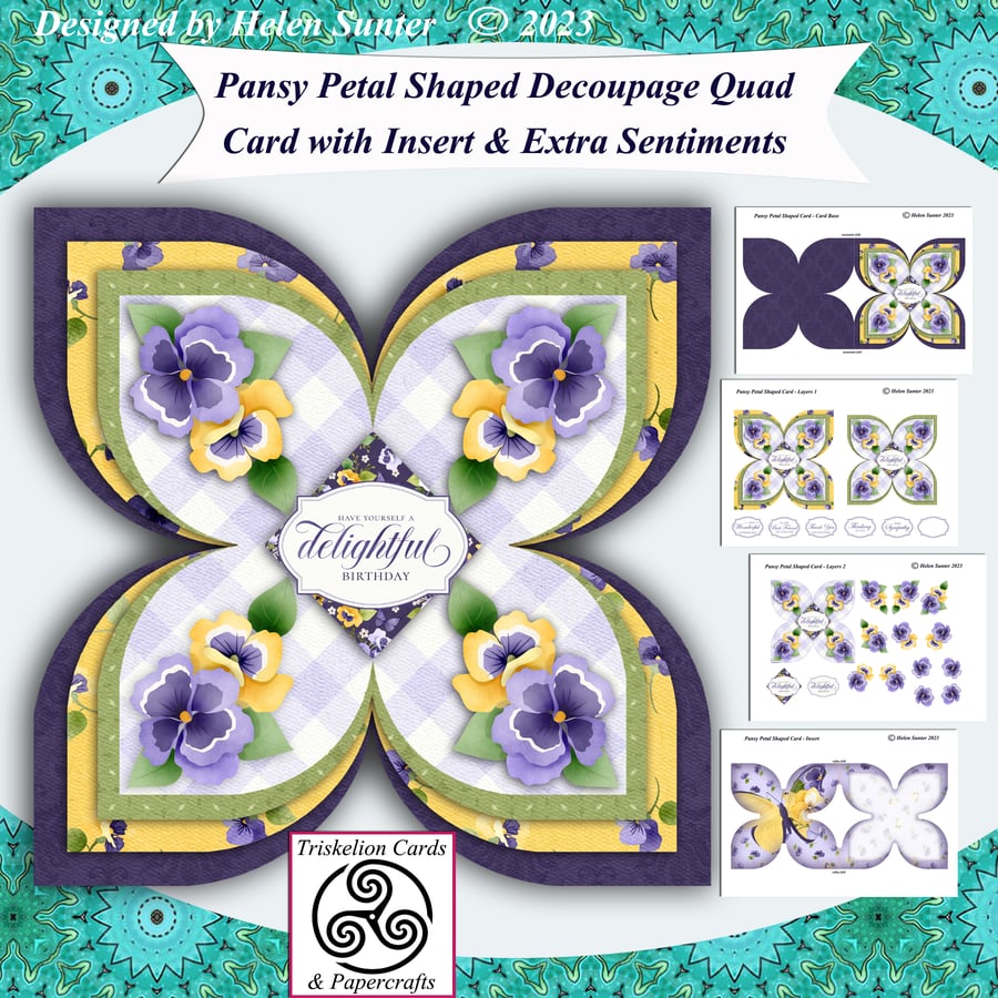 Printable Pansy Petal Shaped Quad Card Making Kit with 3D Decoupage