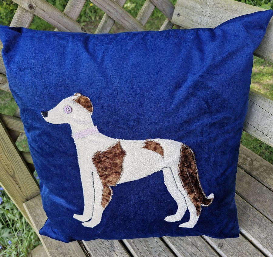 Luxurious blue velvety handmade 45cm cushion with lurcher dog applique & new pad