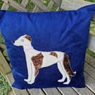 Luxurious blue velvety handmade 45cm cushion with lurcher dog applique & new pad