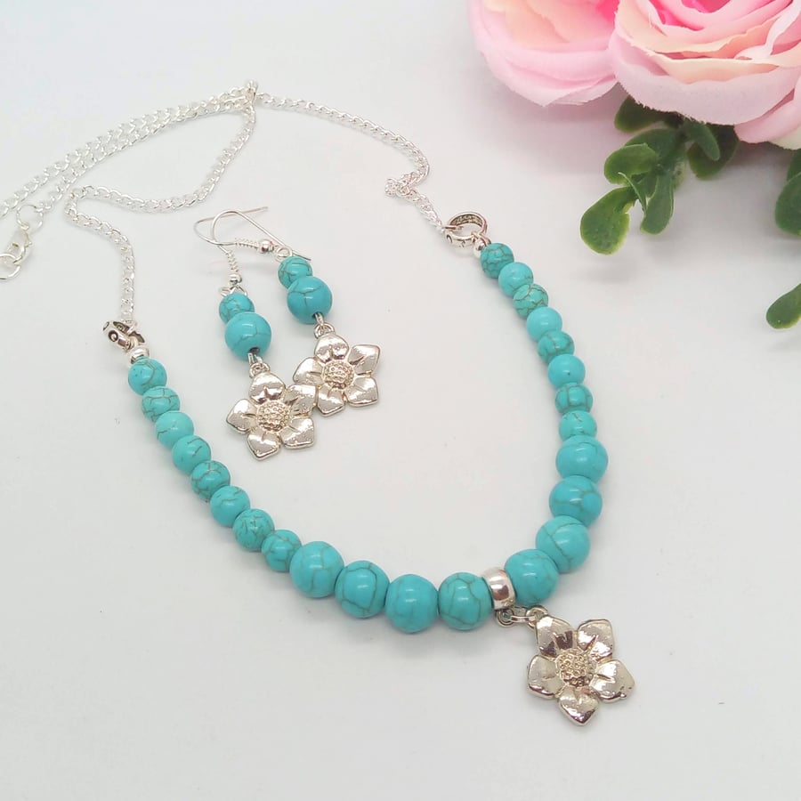 Turquoise Bead and Chain Necklace with Silver Flower Charms & Earrings, Gift Set