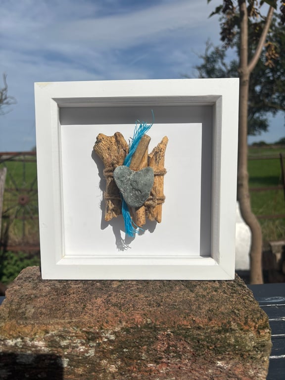 Driftwood Heart Pebble Framed Art