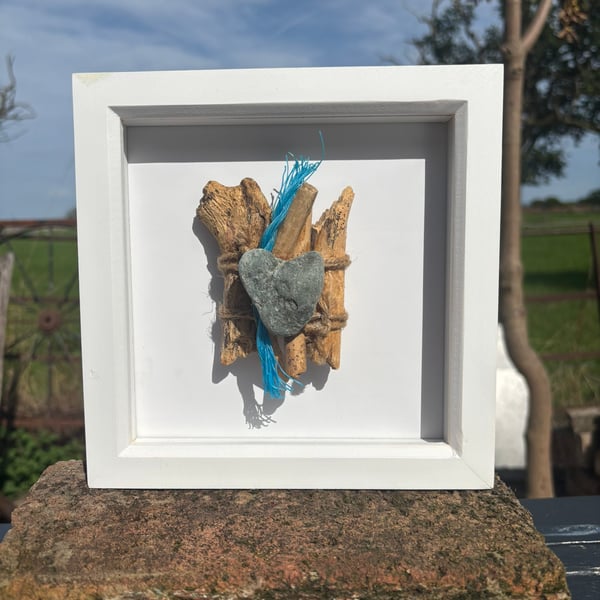 Driftwood Heart Pebble Framed Art