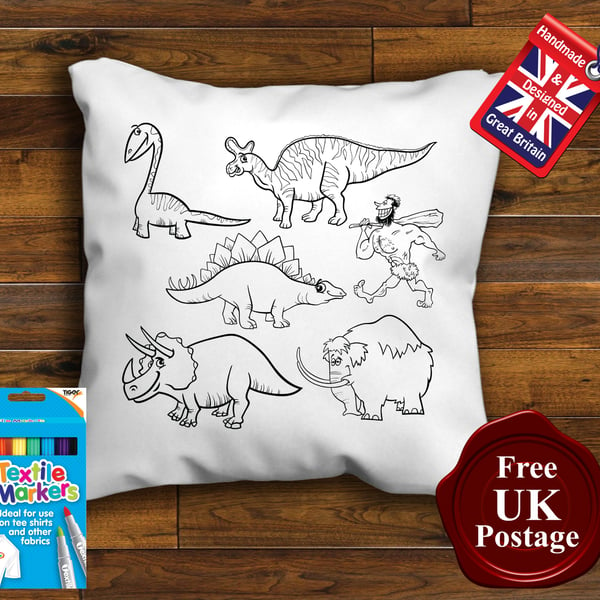 Dinosaur Colouring Cushion Cover, With or Without Fabric Pens Choose Your Size