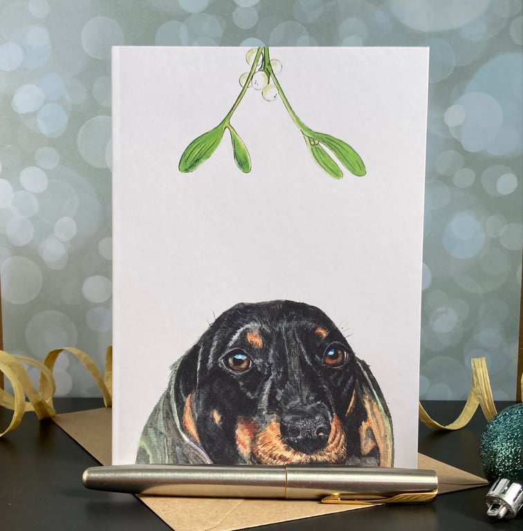 Dachshund Christmas Card. Sausage dog handmade Christmas card.