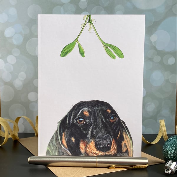 Dachshund Christmas Card. Sausage dog handmade Christmas card.