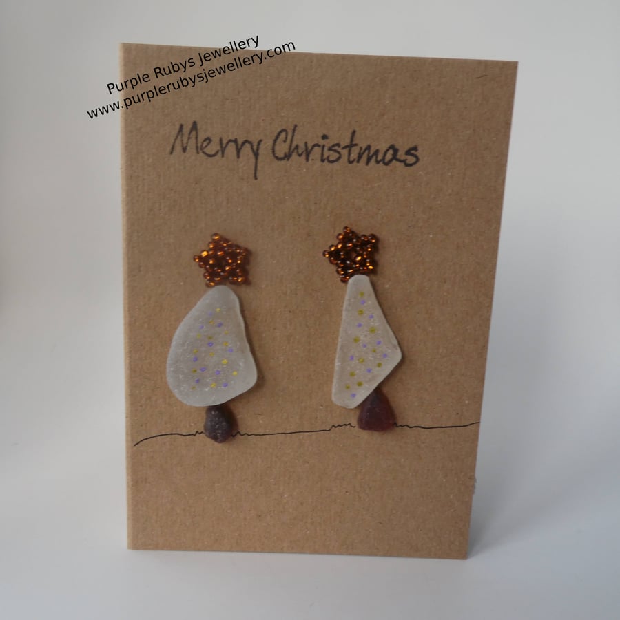 Sea Glass Snowy Christmas Trees with Gold & Purple Lights Christmas Card C262