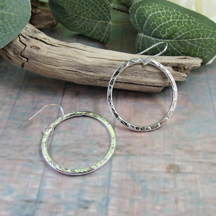 Earrings, Sterling Silver Patterned Hoops