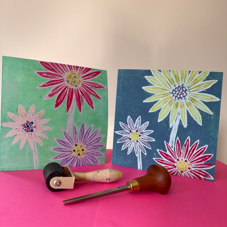 Set of 2 Colourful Daisy Linocut Cards, Gem Embellished Handmade Original Art