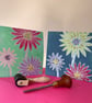 Set of 2 Colourful Daisy Linocut Cards, Gem Embellished Handmade Original Art