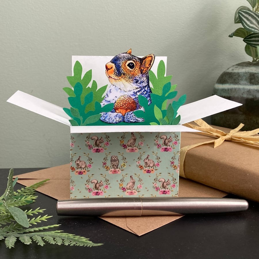 Squirrel Card; Personalised, birthday or blank. Squirrel in a box gift card