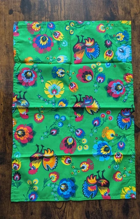 Vintage Folk Art Floral Tea Towel – Green Polish Wycinanki Style Dish Cloth