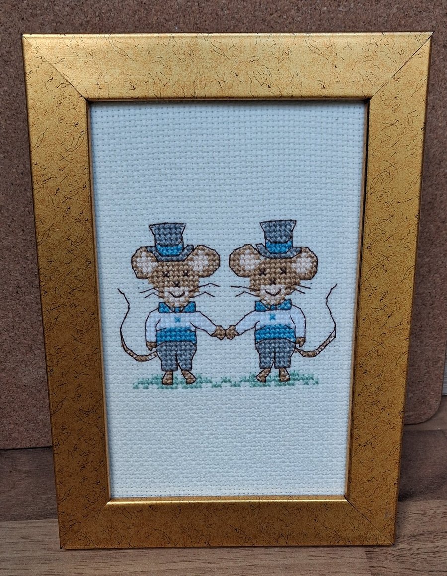 Handmade Cross Stitch Personalised Two Grooms Wedding Keepsake – 6x4"