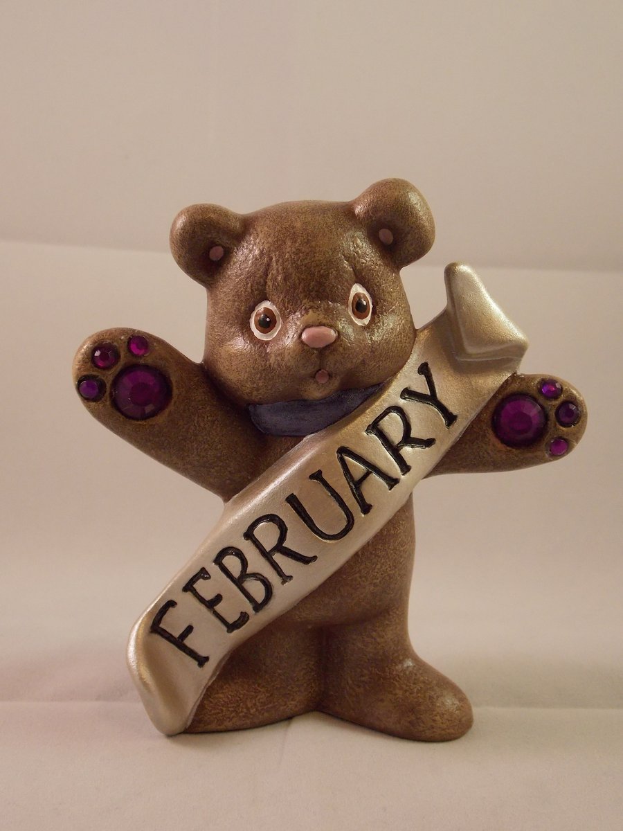 Ceramic Hand Painted Keepsake February Birthstone Bear Animal Figurine Ornament.