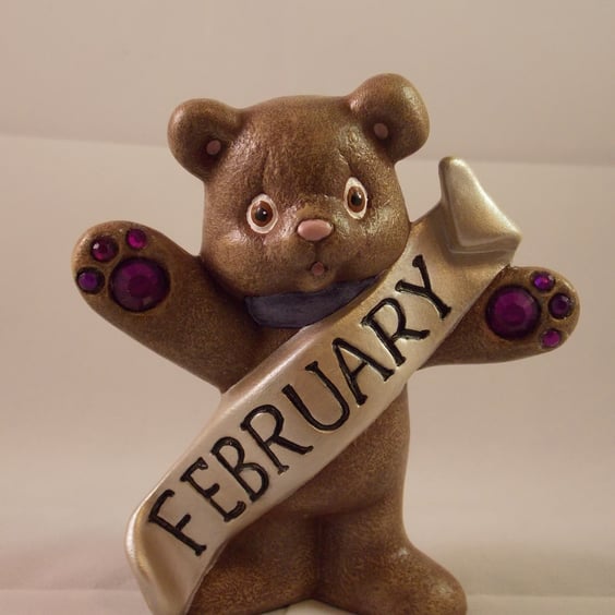 Ceramic Hand Painted Keepsake February Birthstone Bear Animal Figurine Ornament.
