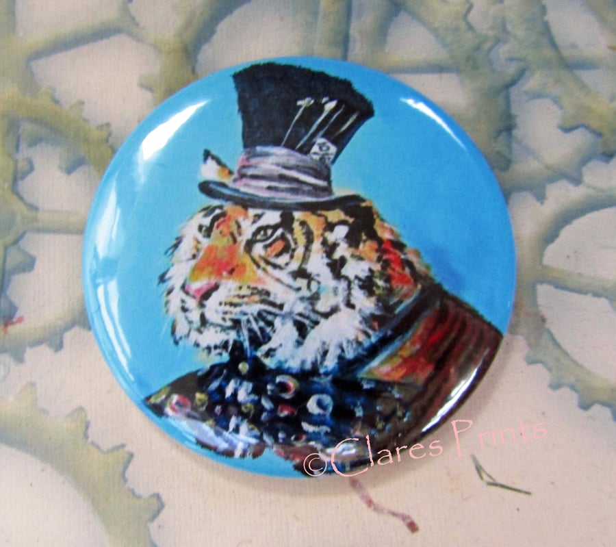 Mad Hatter Tiger Art Badge 58mm Button Animal Badges Cats Top Hat