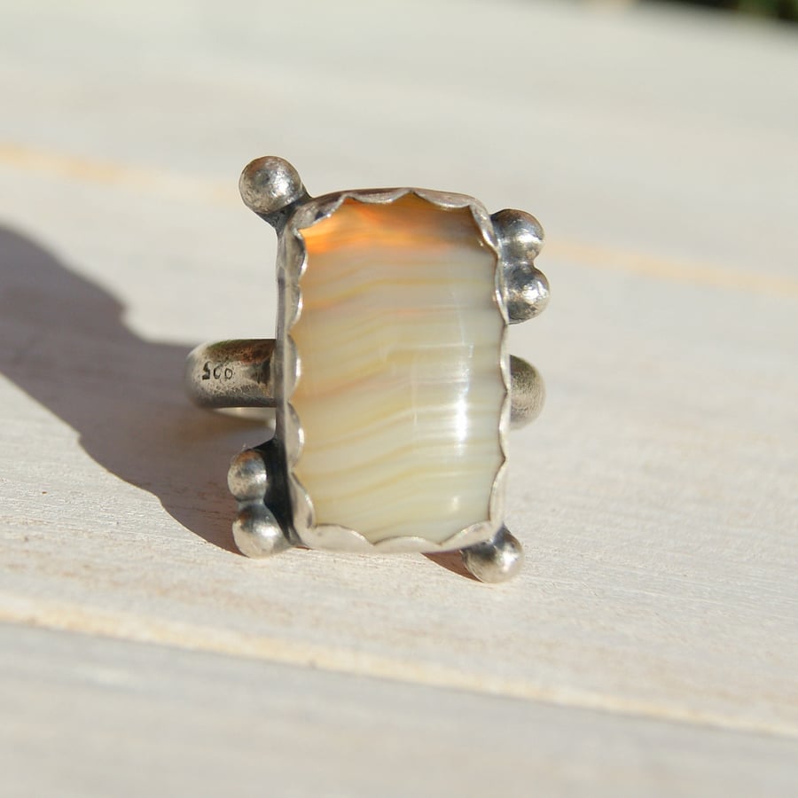Yellow Botswana Agate Ring, Silver Rustic Jewellery