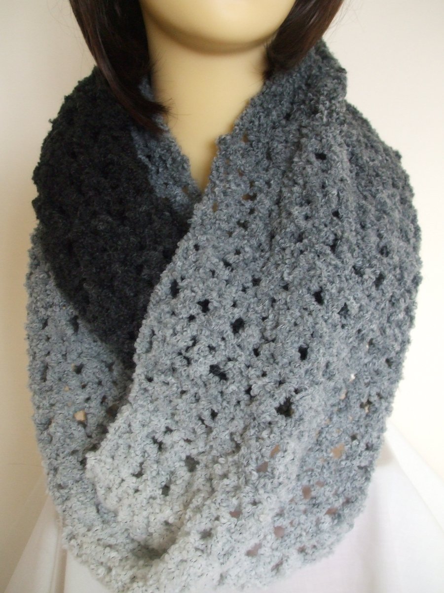 Crocheted Infinity Scarf in Shades of Grey