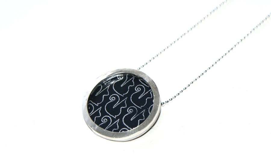 Silver and black circle necklace - squirrel pattern