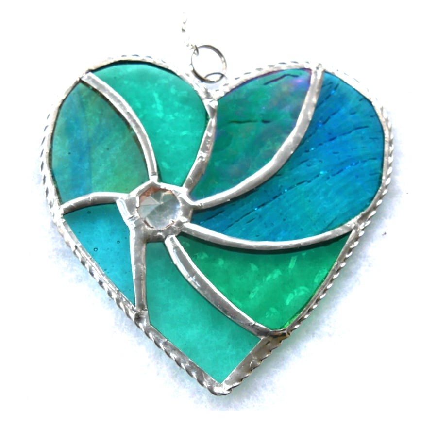 SOLD 250719 Teal Swirl Heart Stained Glass Suncatcher 