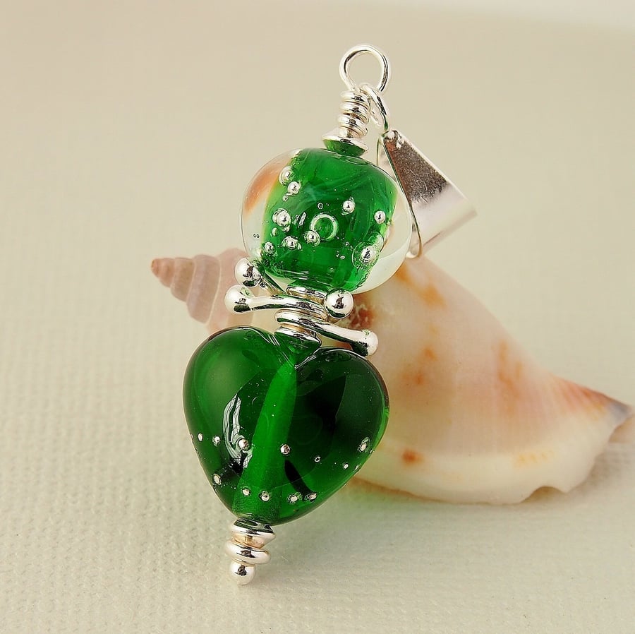 Green Lampwork Glass Heart Pendant Necklace - Sterling Silver