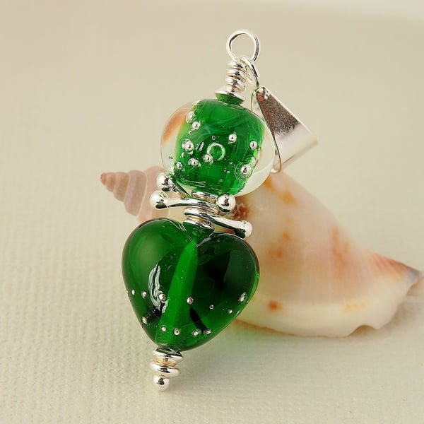 Green Lampwork Glass Heart Pendant Necklace - Sterling Silver