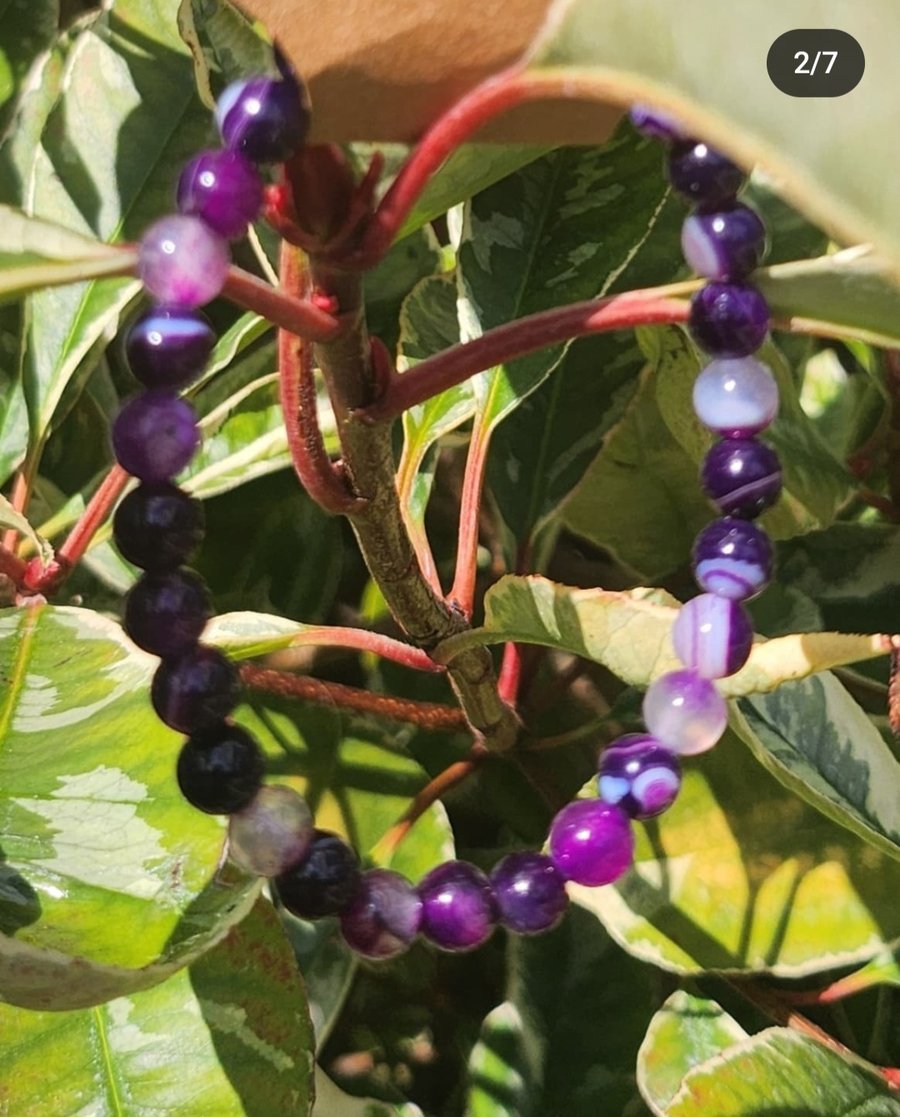 Purple Striped Agate Rounds Stretchie Bracelet 