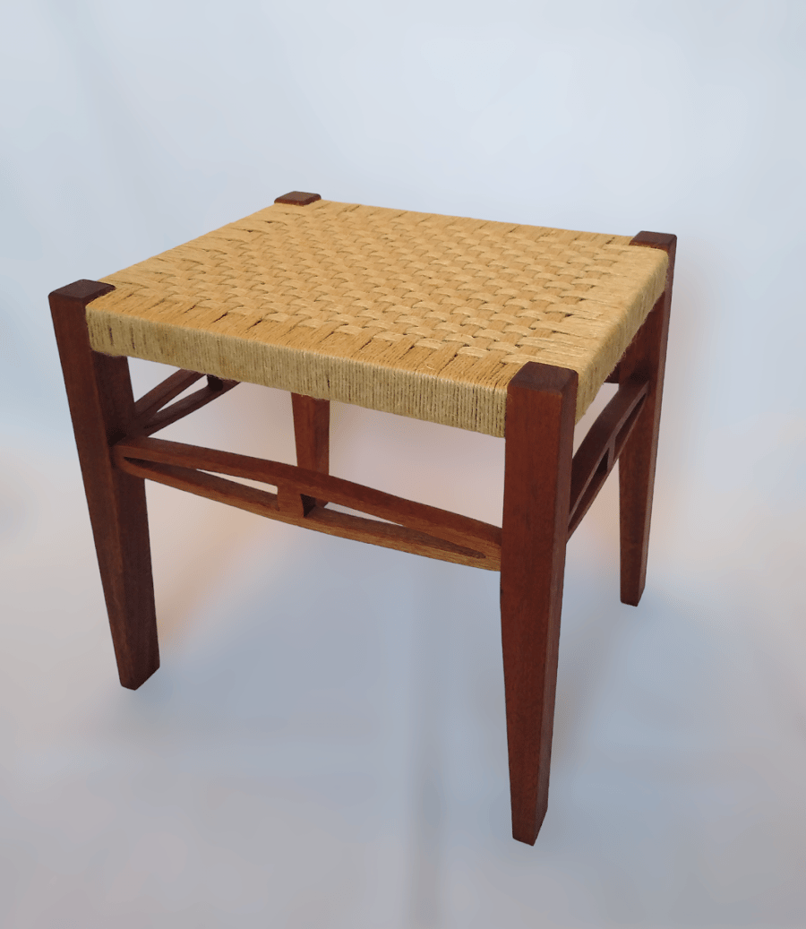 Art Nouveau Stool with Woven Seat in solid Sipo wood - free shipping