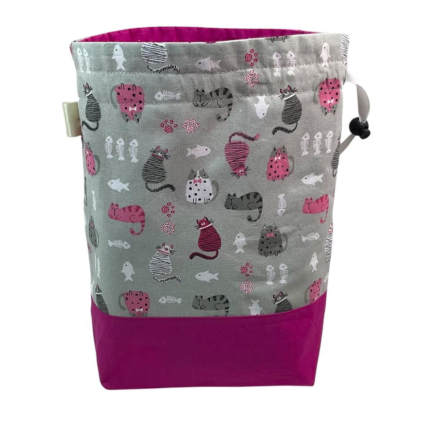 two at a time knitting bag with cats sock sack, drawstring divided pouch, 