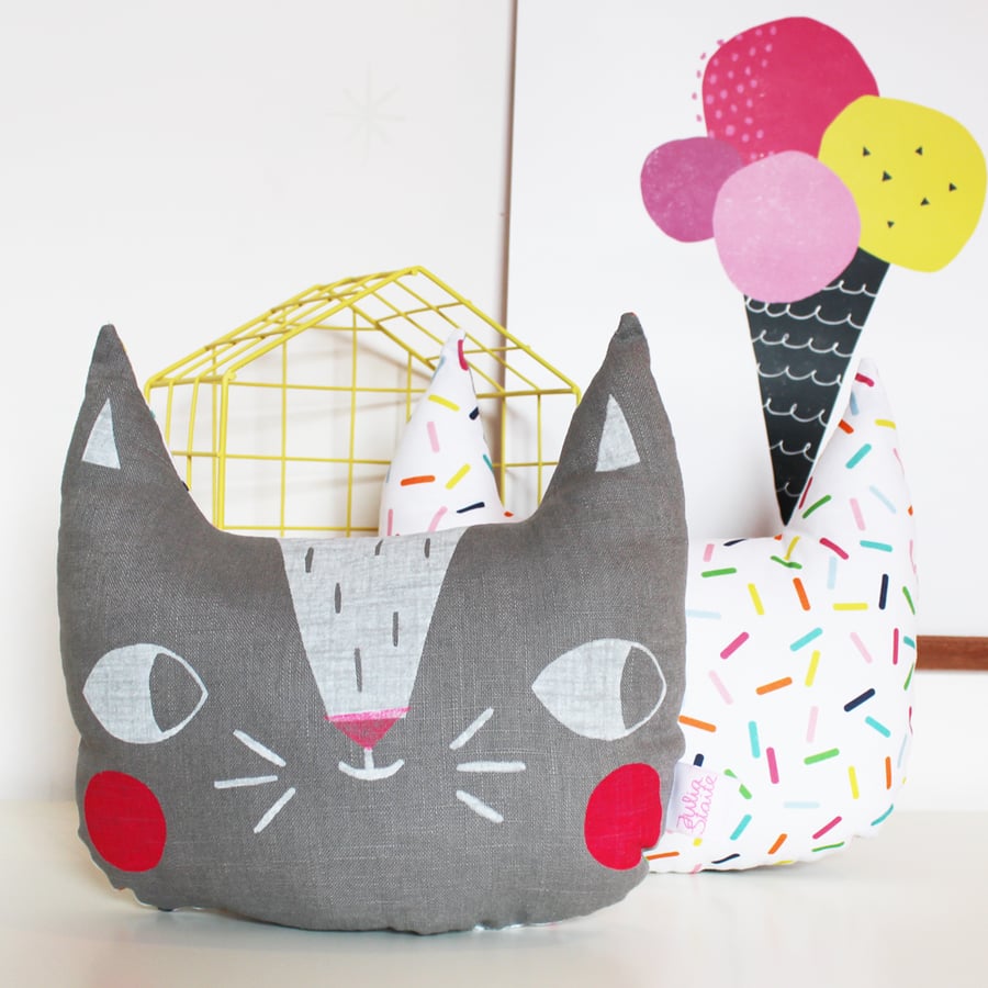 Screen printed cat cushion  - Grey