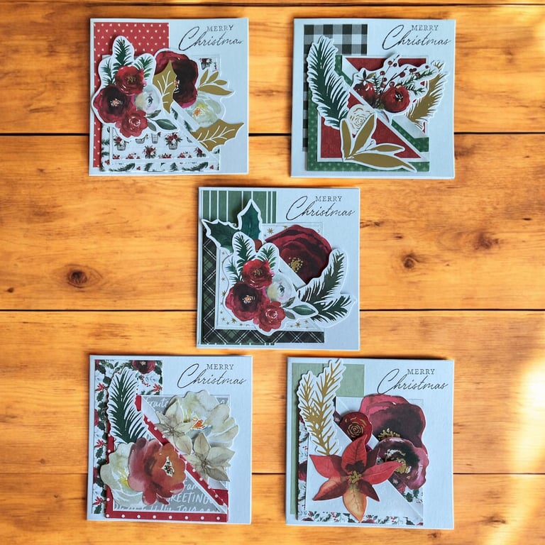 Set of Five Floral Christmas Cards - layered pocket design