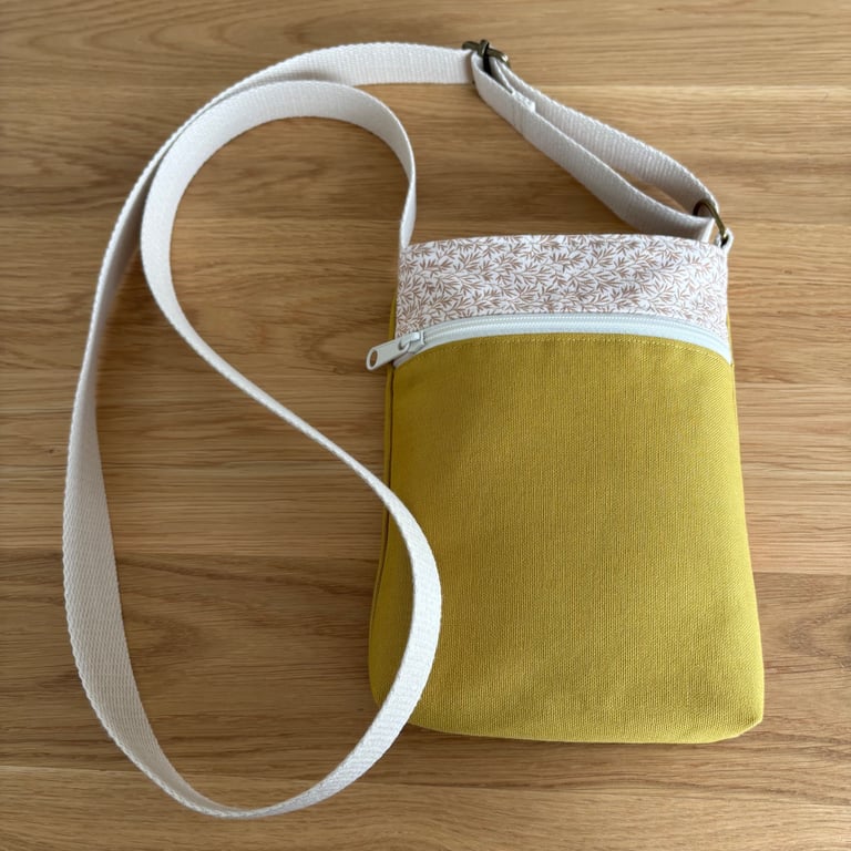 Fabric crossbody bag, phone bag, mustard cotton canvas, with an adjustable strap