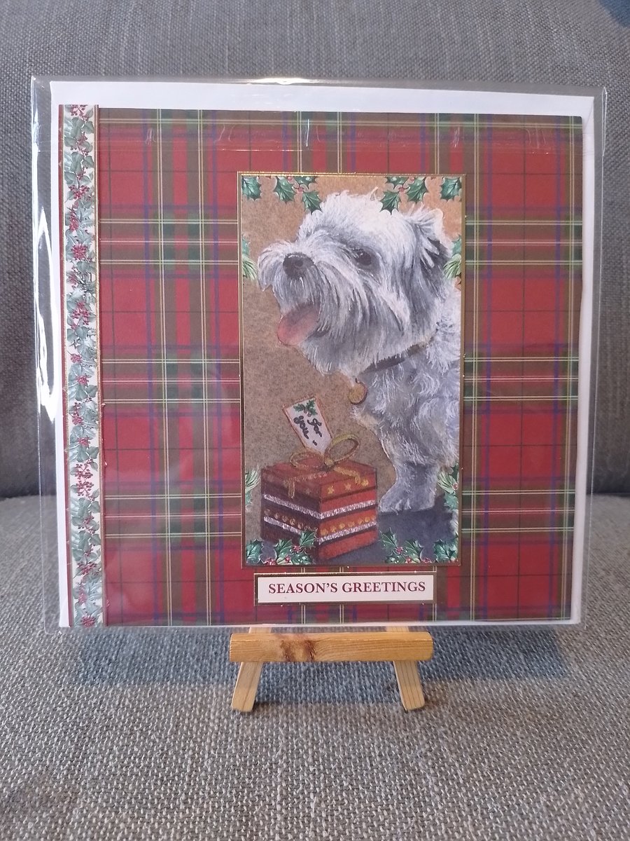 Tartan card with dog Christmas card handmade