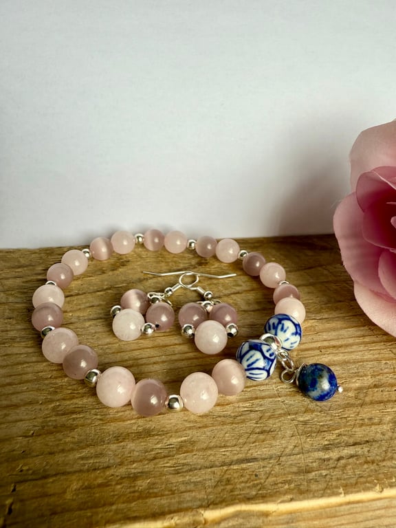 Rose Quartz and Pink Cats Eye Stretch Bracelet with Matching Earrings