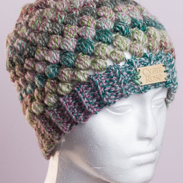 Beanie hat crochet puff stitch  mint choc chip colour handmade