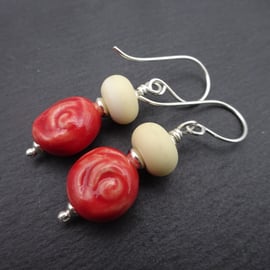 lampwork glass earrings, ceramic red rose jewellery