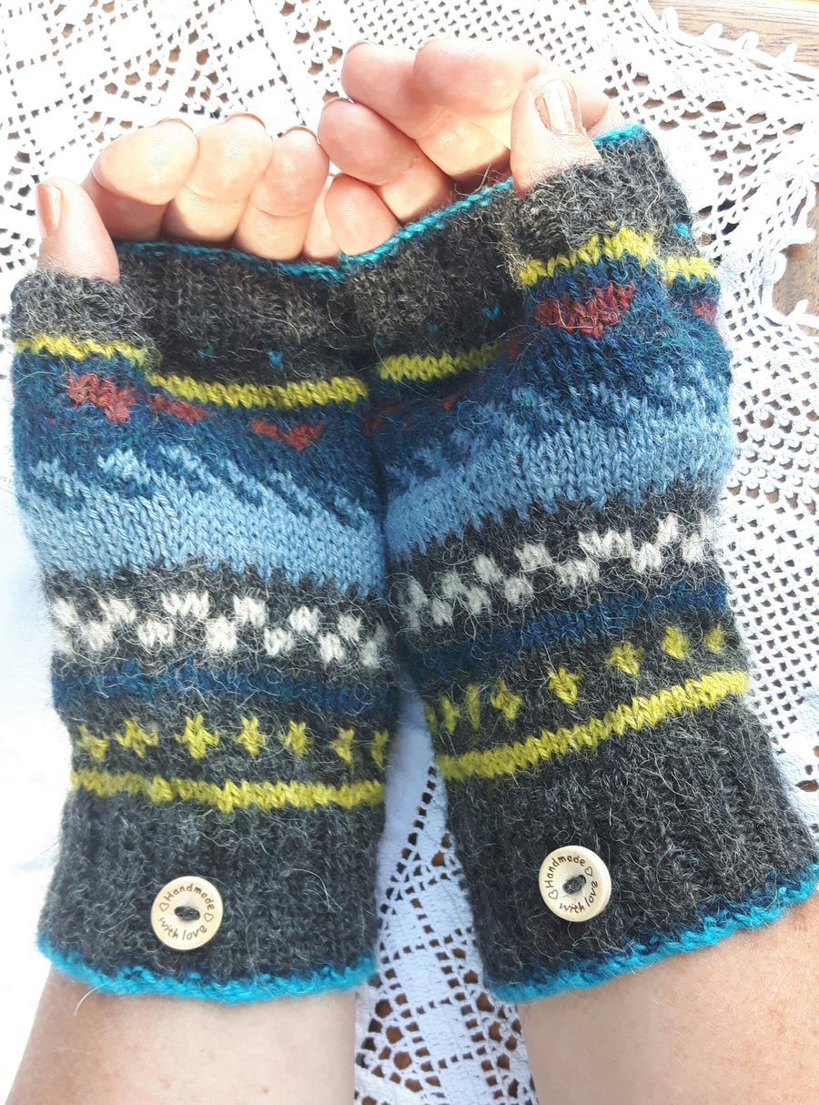 Hand knitted fairisle alpaca fingerless gloves valentine gift