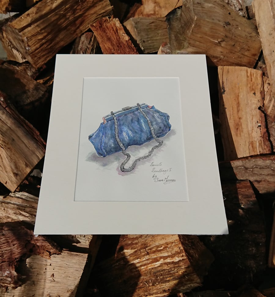 Blue silk handbag original watercolour painting