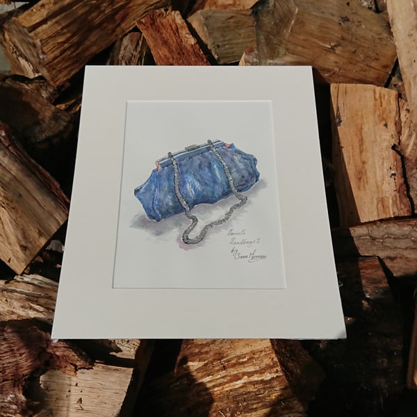 Blue silk handbag original watercolour painting