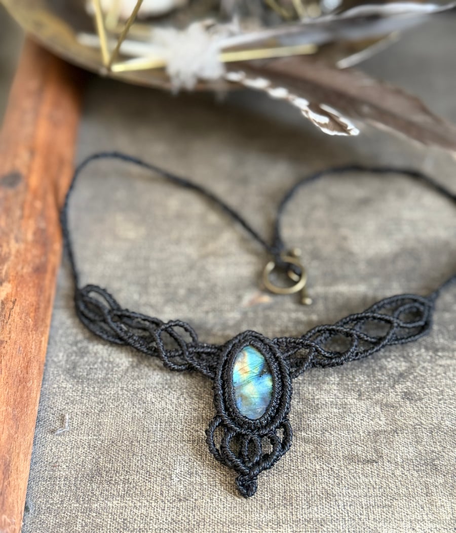 Labradorite Crystal Macrame Necklace, Boho jewellery, includes Free UK Delivery