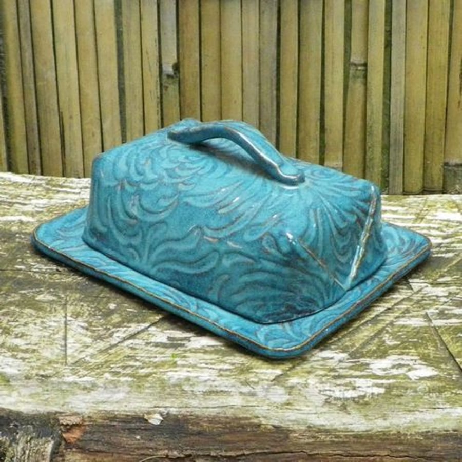 Butter / cheese dish in sea blue glaze